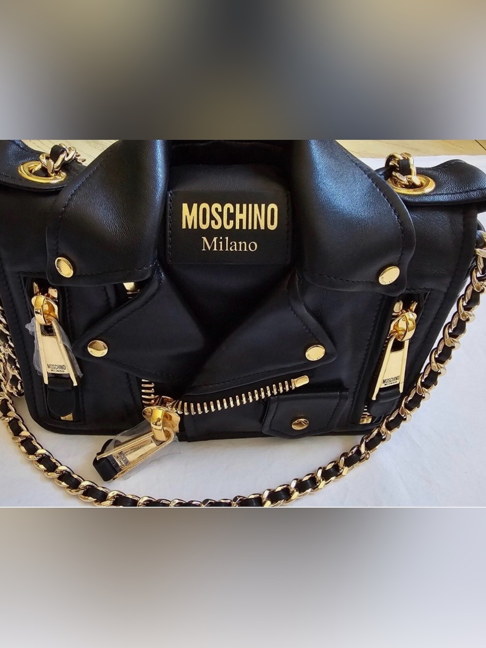 Moschino Black Leather Moto Crossbody with Gold Hardware